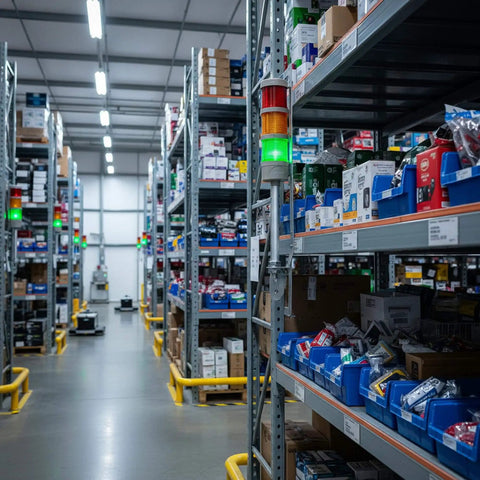 Three Stack LED Andon Tower Signal Light with built-in buzzer in industrial warehouse with red, yellow, green indicators in on mode.