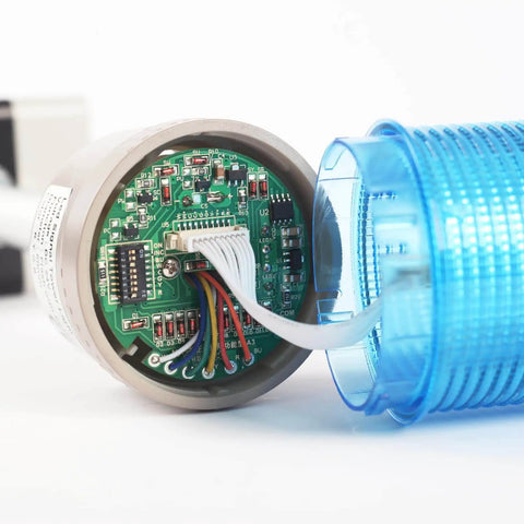 Close-up of 4 Stack LED Andon Tower Signal Light With Buzzer For Industrial Lines Red Yellow Green Blue On Off Flash ABB Selector Switch