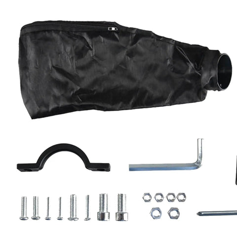 Components of Dual Use Angle Grinder To Blower Adapter Kit for dust-free cleanup including hose, screws, and brackets.