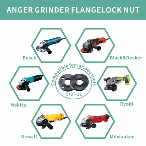 Image showing various angle grinders from Bosch, Black & Decker, Ryobi, Makita, Dewalt, and Milwaukee with compatible 5/8"-11 nuts.