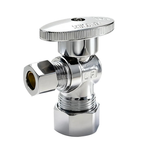 Chrome angle stop valve with 1/2 in nominal inlet and 3/8 in compression outlet, 1/4-turn toilet shutoff