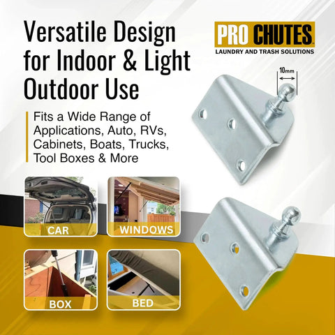 Angled 10mm Ball Stud Mounting Brackets Set Of 4 for gas struts heavy-duty lift support, showcased with applications for cars and windows.
