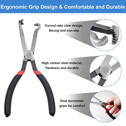 View of half open electrical disconnect pliers with ergonomic grip and high carbon steel material for cars and auto repairs