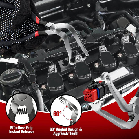 9 Piece Electrical Disconnect Pliers Set For Cars with 60 Degree angled pliers, shown removing a connector from a car engine.