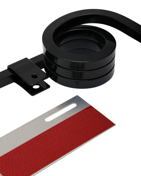 Angled mud flap hanger with three-coil damping spring and reflective plate delivers stable alignment, reduces vibration.