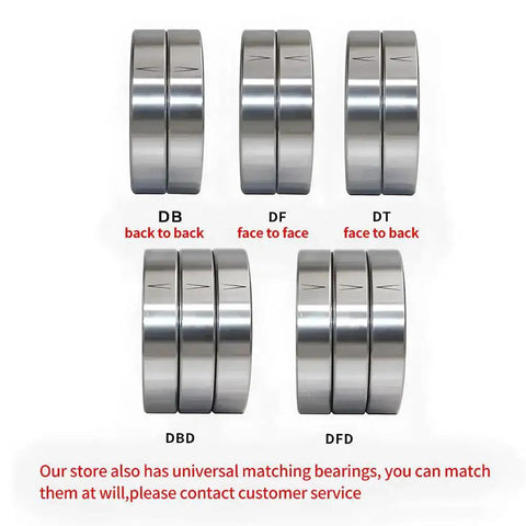 Various arrangements of Angular Contact Ball Bearing Pair 71807AC 35x47x7mm P5 shown in back to back, face to face alignments.