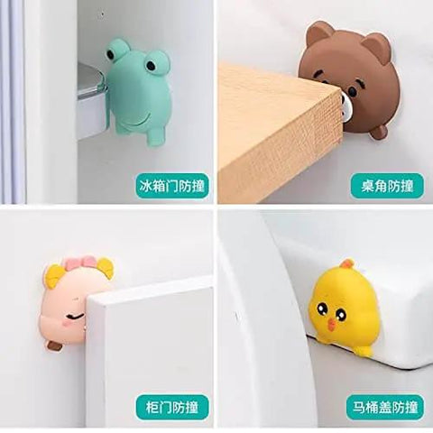 Colorful animal-shaped silicone door stoppers and wall protection pads on cabinets and doors