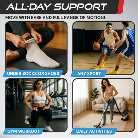Image showing diverse uses of Sleeve Stars Ankle Brace For Women And Men Breathable Ankle Support Sleeve With Removable Strap.