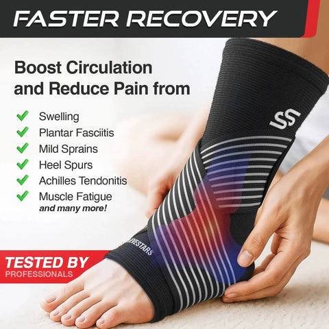 Sleeve Stars Ankle Brace For Women And Men Breathable Ankle Support Sleeve With Removable Strap For Sprain Recovery And Plantar Fasciitis Relief Provides Adjustable Compression And Secure Comfort Fit For Daily Activities Black Ten To Twelve Inches showing fit and compression effect.