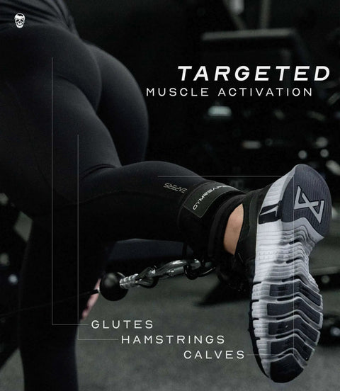 Ankle Straps For Cable Machines With Neoprene Padding used for glute kickbacks with focus on muscles, featuring adjustable design.
