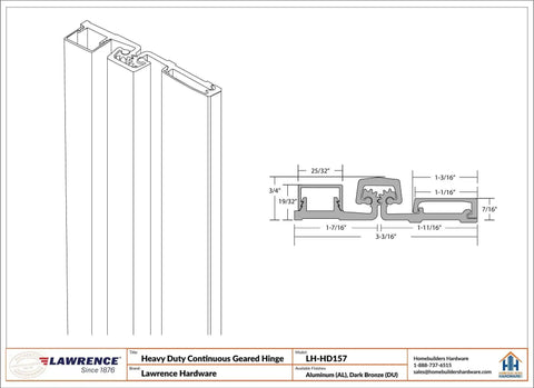 Technical drawing of 83 Inch Continuous Geared Full Surface Anodized Aluminum Door Hinge with detailed measurements.
