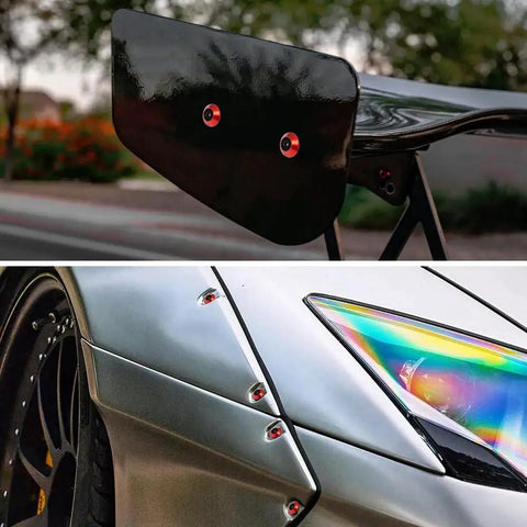 Installed 24 Piece M6 18mm Anodized Aluminum Tapered Washer Kit on widebody flare and spoiler.