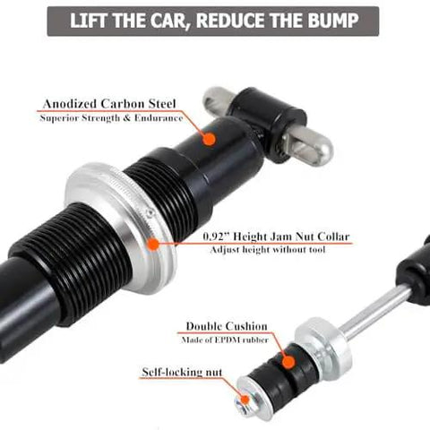 Adjustable front coilover shocks with 500 lb springs deliver improved handling and ride comfort for classic A-Body 73-77 and G-Body 82-88 builds, showing anodized carbon steel and adjustment features.