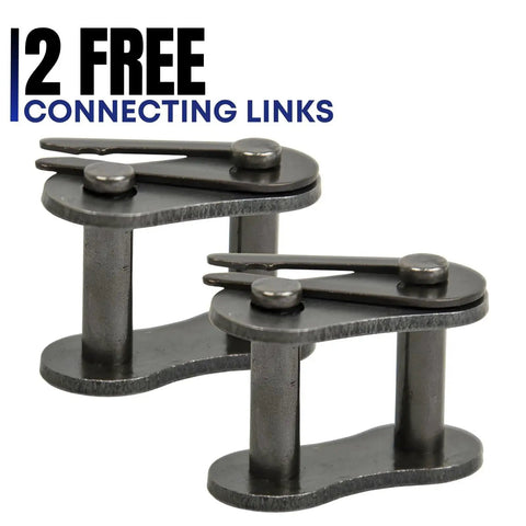 2 free connecting links for ANSI 25 Roller Chain 10 Feet included, designed for heavy duty drive applications in go-karts and machinery.