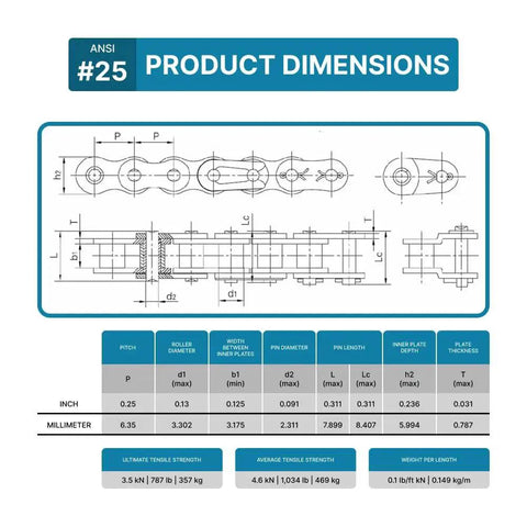 ANSI #25 product dimensions diagram for Size 25 Roller Chain, 10 Foot Length With Two Free Connecting Links, Carbon Steel