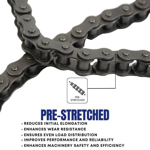 Close-up of ANSI 25 Roller Chain 10 Feet with 2 Connecting Links showcasing pre-stretched feature for enhanced performance and reliability.