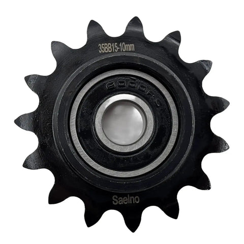 Front view of ANSI 35 Roller Chain Idler Sprocket Type C Built Tough Heavy Duty For Three Eight Inch Pitch With Ten Millimeter Bore And Fifteen Teeth Bearing 6000RS Hardened 1045 Carbon Steel Antirust Drive Sprocket For 35 Chain