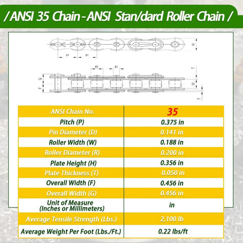 ANSI 35 standard roller chain dimensions table with measurements in inches and millimeters, featuring tensile strength and weight specifications.