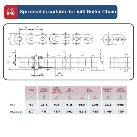 Technical drawing of Roller Chain Sprocket B Type 12.7mm Pitch, 10 Teeth, Five Eighth Inch Bore, Hardened AISI 1045 Steel, Rust Resistant