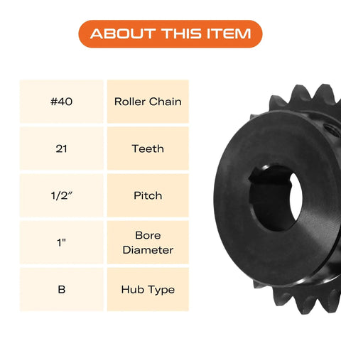 Specifications of Heavy Duty Workhorse 40 Tooth Roller Chain Sprocket with 1 Inch Bore B Hub Carbon Steel Drive Sprocket for ANSI 40 Chains