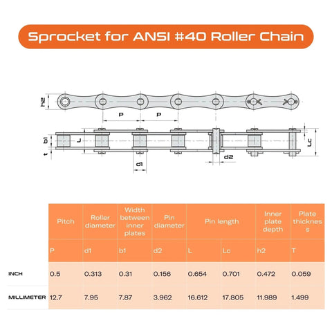 Technical diagram of sprocket for ANSI #40 roller chain with measurements and specifications for Heavy Duty Workhorse 40 Tooth Roller Chain Sprocket.