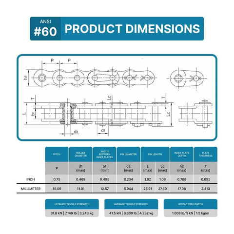 Product dimensions and specifications for ✝️ #60 Roller Chain - 10 Feet + 2 Free Connecting Links - Carbon Steel Chain - 159 Links