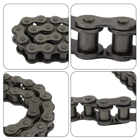 Close-up views of Ten Feet Long 80 Roller Chain ANSI No 80 Carbon Steel With 120 Links and One Connecting Link, heat-treated for durability.