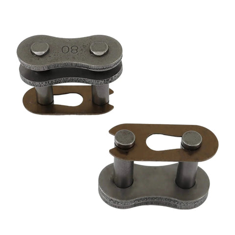 Close-up of heat-treated carbon steel connecting link for Ten Feet Long 80 Roller Chain ANSI No 80 with 120 links for industrial use.