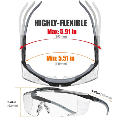 ANSI Z87.1 Plus Anti Fog Lab Safety Glasses Over Eyeglasses With Side Shields, shown with measurements and flexible design.