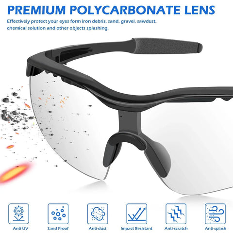 12 Pack ANSI Z87.1 Safety Glasses Clear Lenses Anti Scratch for Men Women Youth showing impact-resistant polycarbonate lens