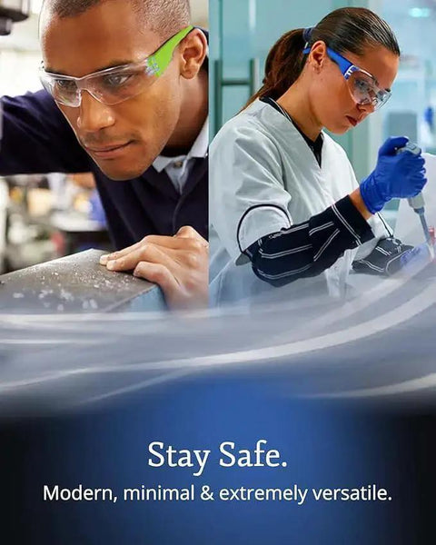 Two workers wearing 24 Pack ANSI Z78.1 Safety Glasses For Construction And Shooting Crystal Clear in different environments.
