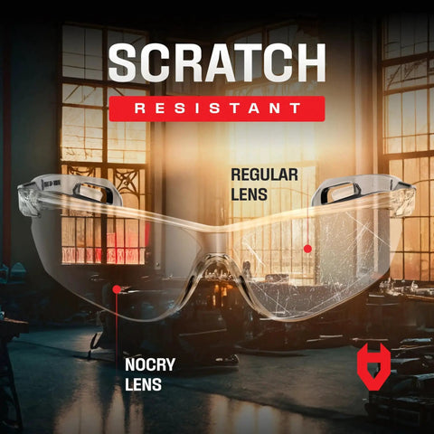 ANSI Z87.1 Safety Glasses With Scratch Resistant Coating Clear UV Protection displayed in a workshop setting.
