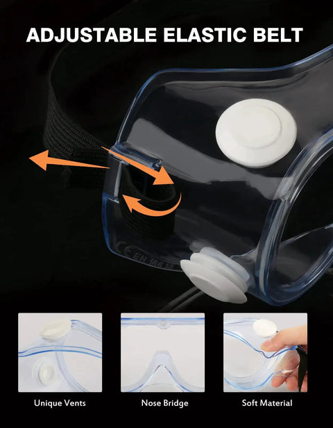 Close-up of ANSI Z87.1 Anti Fog Safety Goggles showing adjustable elastic belt and unique vent features for lab protection.