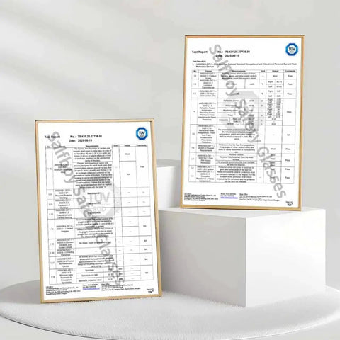 Certification documents for Anti Fog ANSI Z87.1 Safety Glasses For Construction And Woodworking Unisex on display stands