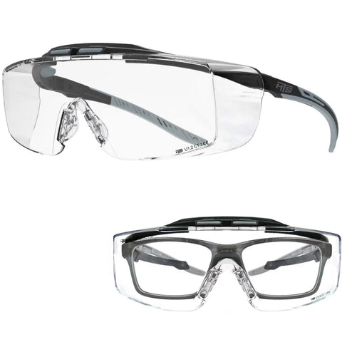 ANSI Z87.1 Plus Anti Fog Lab Safety Glasses Over Eyeglasses With Side Shields, clear lenses, front and side view
