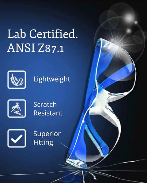 Close-up of ANSI Z87.1 certified safety glasses with blue frames, highlighting lightweight, scratch resistance, and superior fitting.