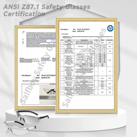 Certification for Clear ANSI Z87.1 Safety Eyewear For Men And Women Scratch Resistant Lenses with test report and glasses image.