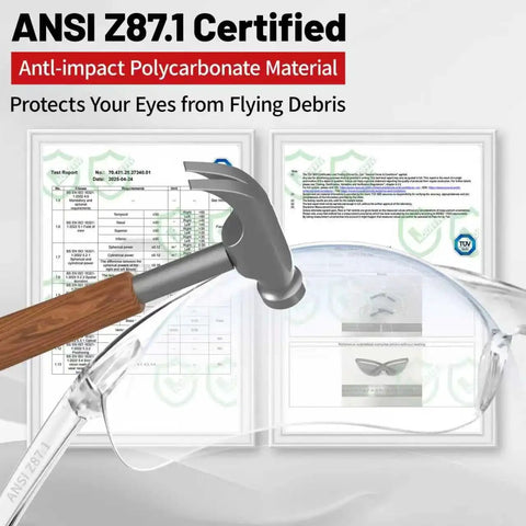 Clear Safety Glasses 24 Pack With Scratch Resistant Polycarbonate Lenses Z87.1 shown with ANSI certification and hammer impact test