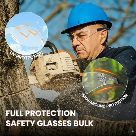 Worker cutting tree wearing Clear Safety Glasses 12 Pack ANSI Z87.1 Certified Scratch And Impact Resistant with UV protection