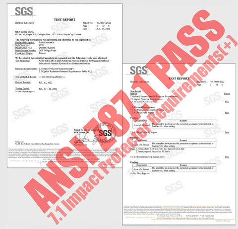 Image showing ANSI Z87.1 test report documentation, highlighting PASS status for impact protection requirements of eyewear.