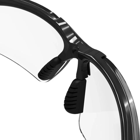 Close-up of ANSI Z87 Plus Impact Resistant Polycarbonate Safety Glasses Black Frame nose bridge detail.