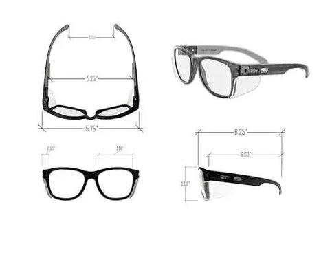 ANSI Z87.1 Safety Glasses With Anti Fog UV Protection Clear Lens Side Shields, multiple views with dimensions illustrated