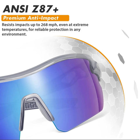 Close-up of blue ANSI Z87+ safety glasses lens featuring impact-resistant design for 6 Pack ANSI Z87.1 UV Safety Glasses For Men And Women.