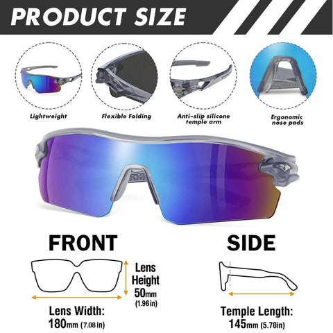 12 Pack ANSI Z87.1 Safety Glasses With UV Protection Blue Mirror Gray Frame, front and side view dimensions, flexible folding