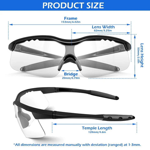 Dimensions of 12 Pack ANSI Z87.1 Safety Glasses Clear Lenses Anti Scratch for Men Women Youth, showing frame, lens, and bridge sizes.