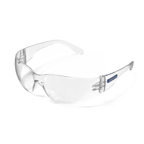ANSI Z87 Safety Glasses With Impact-Resistant Lenses And UV Protection 12-Pack, clear wraparound frame, side view