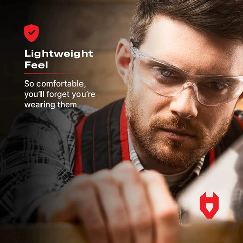 Man wearing ANSI Z87.1 Safety Glasses With Scratch Resistant Coating Clear UV Protection while working with tools