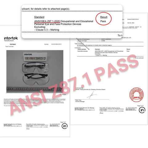 Over Glasses Safety Goggles Anti Fog ANSI Z87 Eye Protection For All certification documents shown