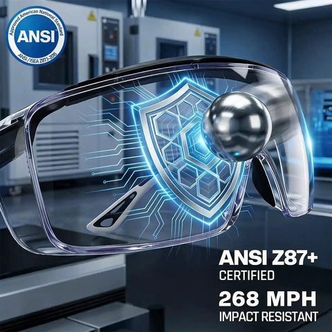 Over Glasses Safety Goggles Anti Fog ANSI Z87 Eye Protection For All highlighting impact resistance and certification in a lab setting.