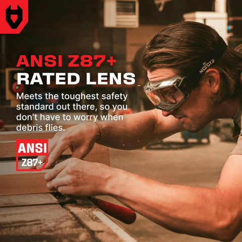 Worker in protective gear using Over Glasses Safety Goggles Anti Fog ANSI Z87.1 Panoramic Lens Adjustable Strap in workshop.